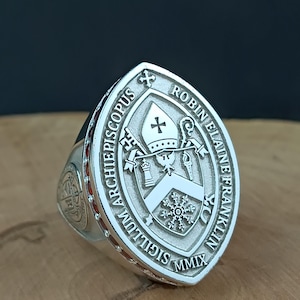 Silver Bishop Ring / Custom Episcopal Clergy Ring / Red Gemstone Archbishops Ring / Religious Seal Ring for Church Leaders and Bishops
