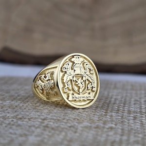 Anillo con sello personalizado, anillo con sello con escudo familiar, joyería personalizada, anillo con sello con escudo de armas de oro macizo, regalo de Navidad, anillos con escudo familiar