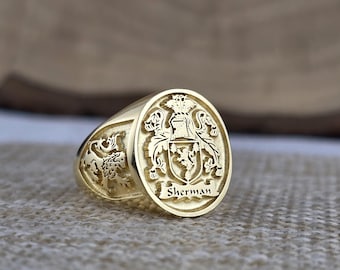 Custom Signet Ring, Family Crest Signet Ring, Personalized Jewelry, Solid Gold Coat of Arms Signet Ring, Christmas Gift, Family Crest Rings