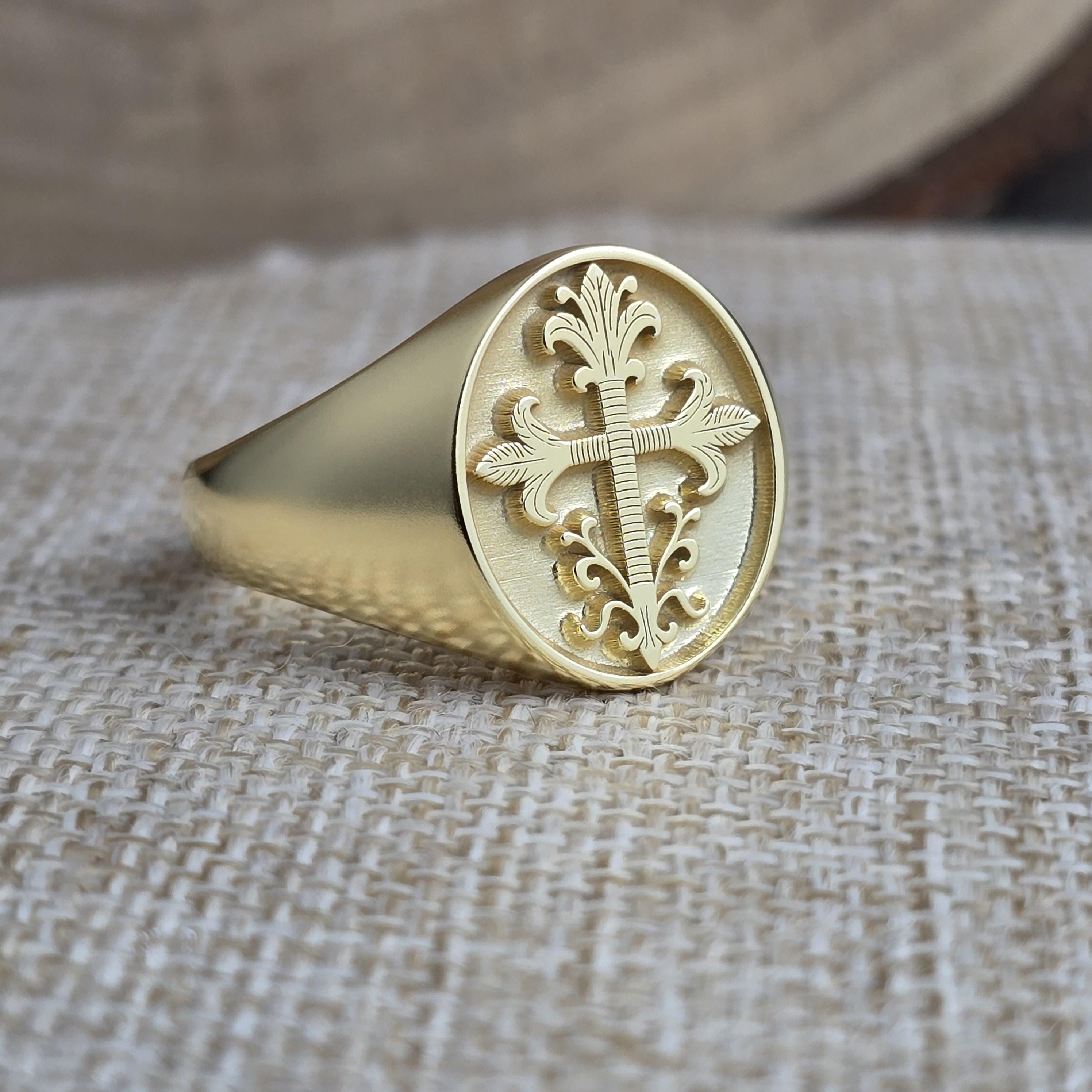 Gold Vermeil Cross Ring / Fleur De Lis Sword Signet Ring / Templar 