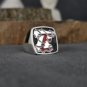 Custom Letter Z Signet Ring, Modern Monogram Red Enamel Jewelry, Personalized Initial Silver Ring for Men, Edgy Alphabet Mühür, Unique Gift