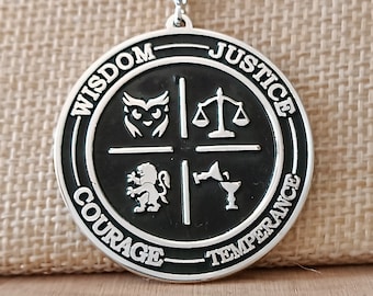 Wijsheid, Rechtvaardigheid, Matigheid, Gematigdheid, Deugdenketting, Zilveren Deugdenketting, Speciaal Ontwerp, Stoïcijns Cadeau, Stoïcijnse Ketting met Micron Coating
