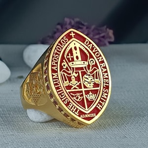 Gold Bishop Ring / Episcopal Apostolic Ring / Custom Clergy Ring with Red Gems / Church Leadership Seal Ring for Bishops and Apostles
