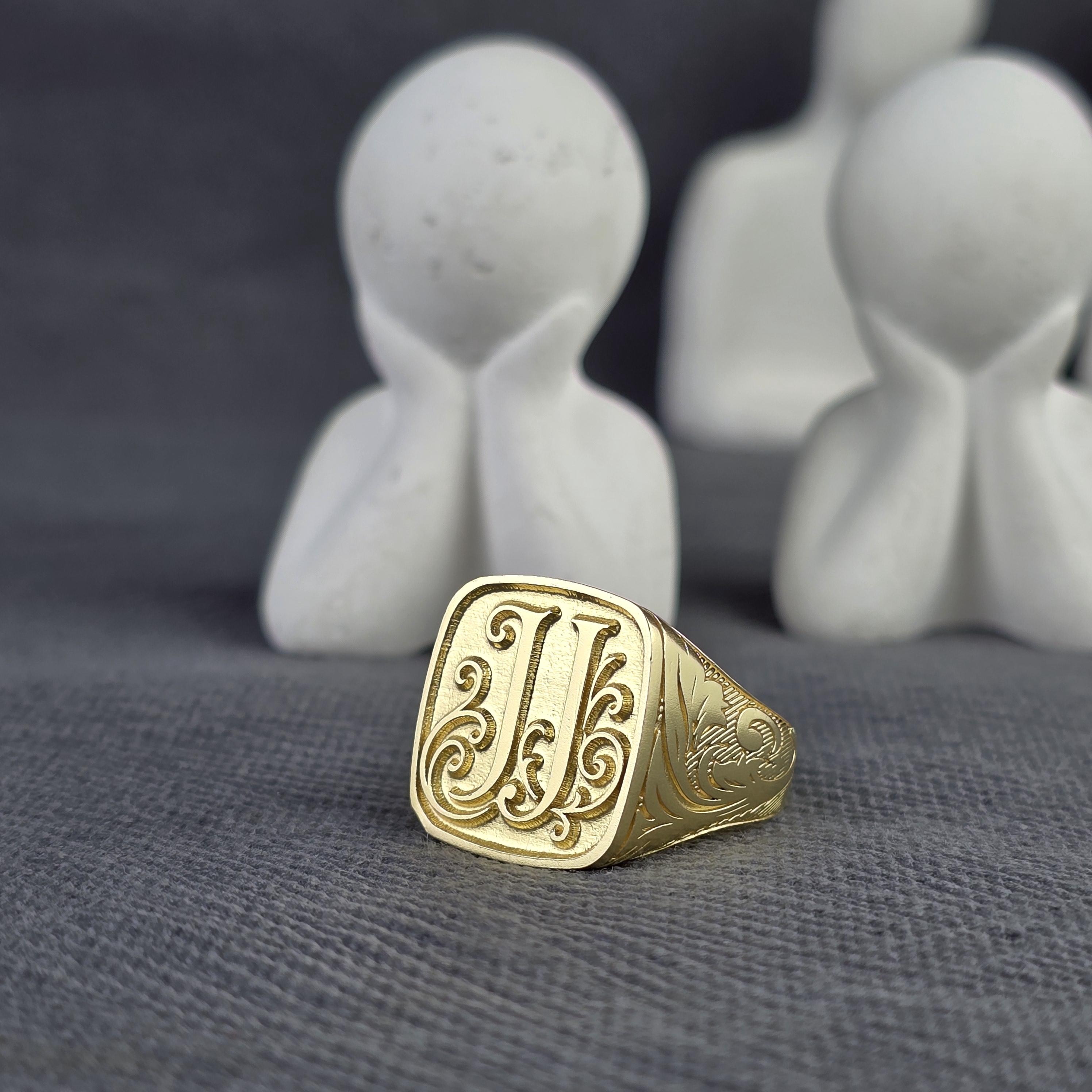 Square Gold Initial Ring / JJ Monogram Signet Ring / Custom Letter