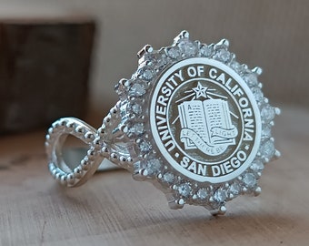 Custom University Ring, High School Ring, Personalized College Ring, Silver School Ring, Silver Class Ring Graduation Ring Family Crest Ring