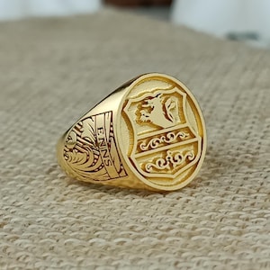 Anillo con sello de escudo de armas de oro macizo, regalo de Navidad, anillos con escudo familiar, anillo con sello personalizado, anillo con sello con escudo familiar, joyería personalizada