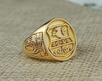 Solid Gold Coat of Arms Signet Ring, Christmas Gift, Family Crest Rings, Custom Signet Ring, Family Crest Signet Ring, Personalized Jewelry
