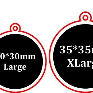 May include: Five round, black, metal discs with white text indicating different sizes: 20*20mm Small, 25*25mm Medium, 30*30mm Large, 35*35mm XLarge, and 40*40mm XXLarge.