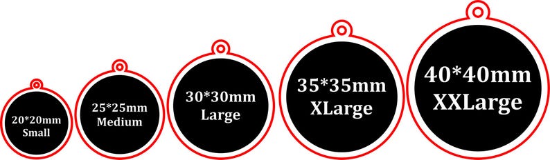 May include: Five round, black, metal discs with white text indicating different sizes: 20*20mm Small, 25*25mm Medium, 30*30mm Large, 35*35mm XLarge, and 40*40mm XXLarge.