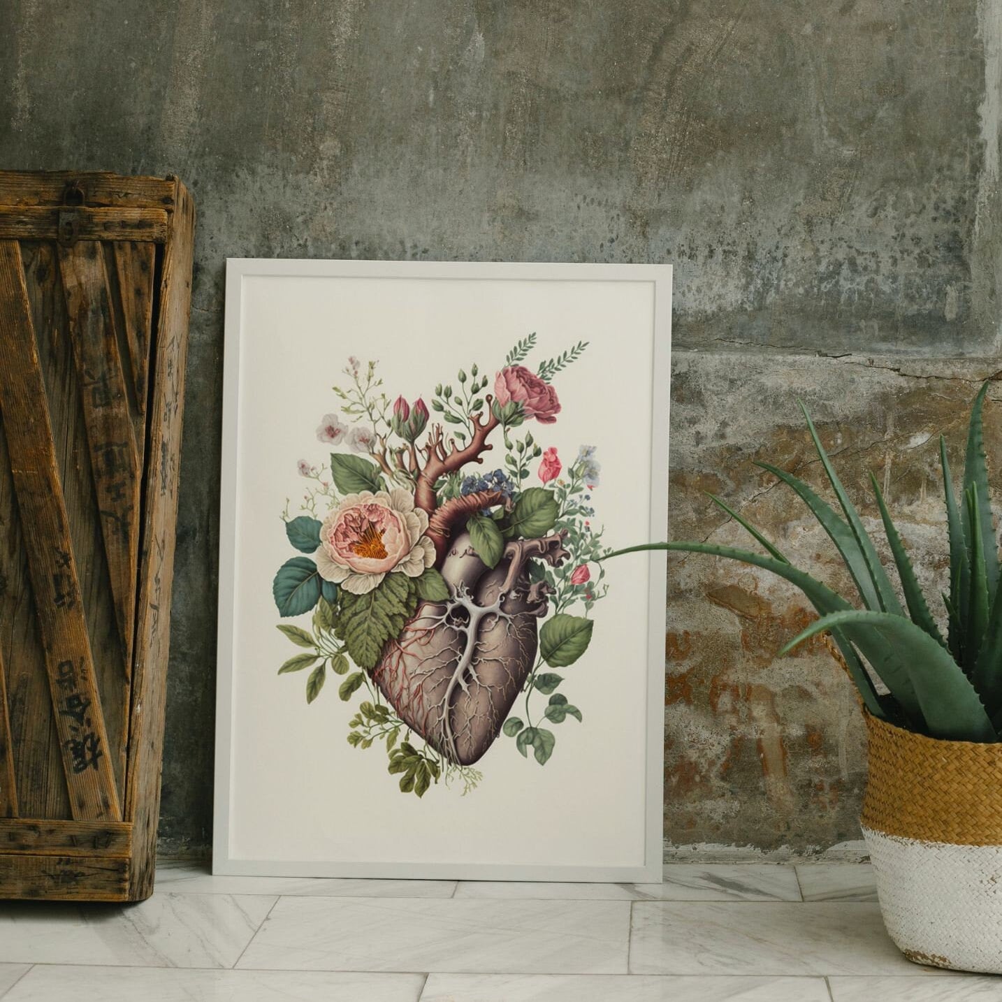 Anatomical Heart Art Illustration With Flowers Human Heart Print Floral ...