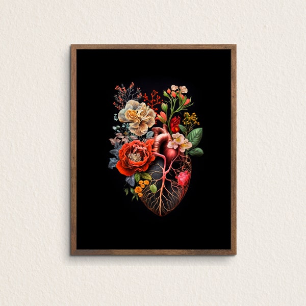 Anatomical Heart Art Illustration with Flowers Human Heart Print Floral Heart for Gardenlovers or Medical Wall Art Decor Download, No.Z004
