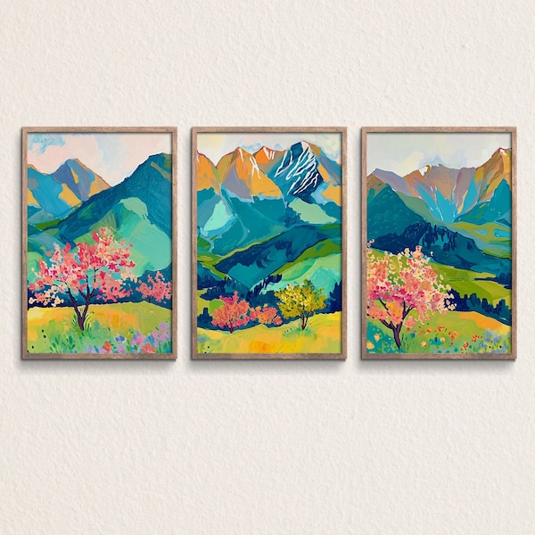 Spring Mountains Wall Art Set of 3 Prints Mountain Valley Triptych Gallery Wall Set Green Landscape Forest Colorful Art Print, No. Z017d