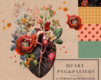 Anatomical Heart with Flowers PNG Human Heart Image for Flower Lovers Heart Graphic Illustration and Pattern, Digital Download, No.Z004z