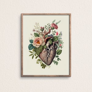 Anatomical Heart Art Illustration with Flowers Human Heart Print Floral Heart for Gardenlovers or Medical Wall Art Decor Download, No.Z002