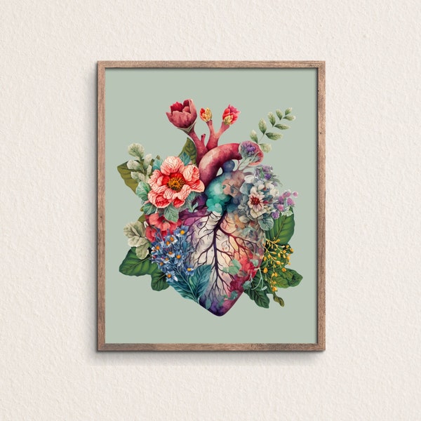Human Heart with Flowers Illustration Floral Anatomical Heart With Green Flowers Wall Art for Garden Lovers Digital Download, No.Z001