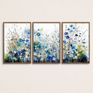 Blue Meadow Triptych Painting Set of 3 Floral Art Blue Flowers Watercolor Gallery Wall Art Set for Modern Home Decor, Printable Art No.Z016a