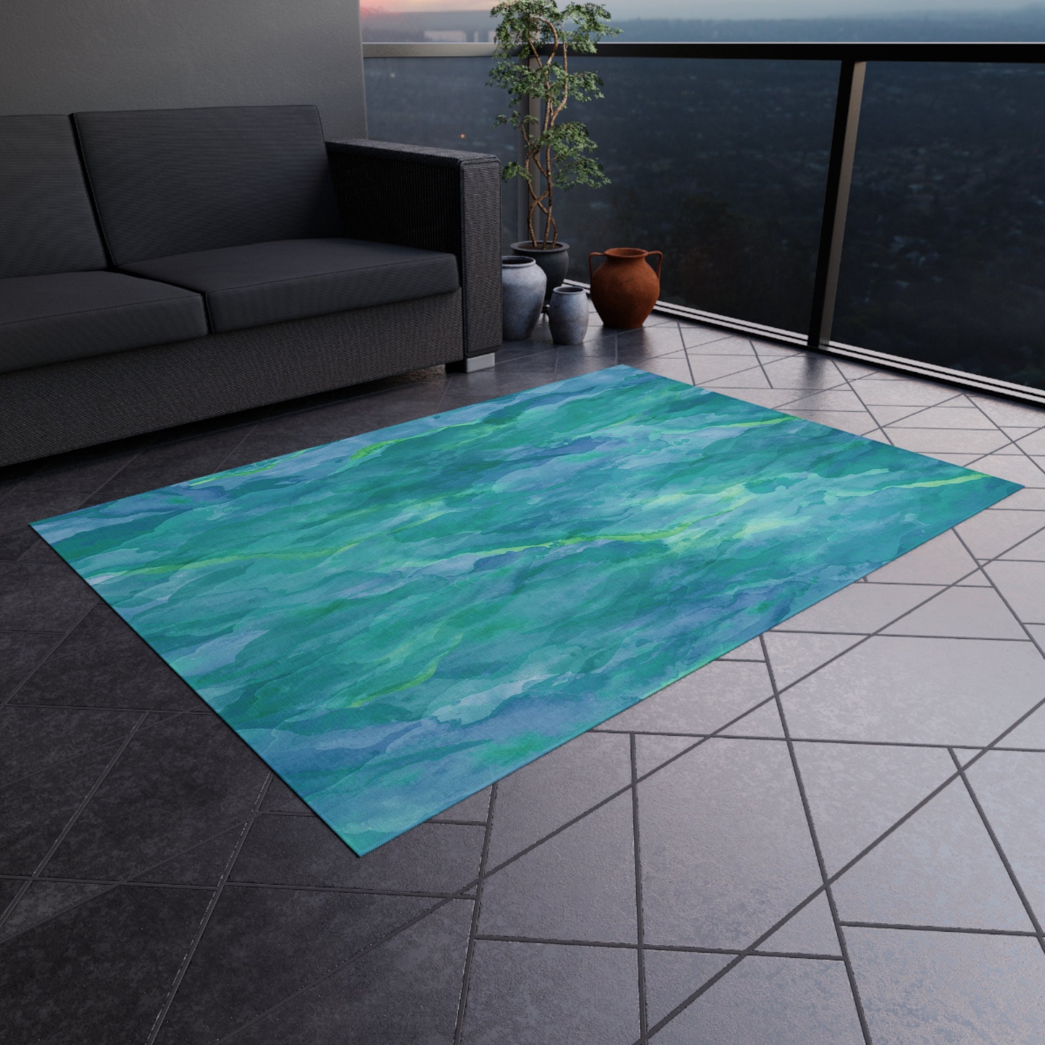 Blue and Green Abstract Area Rug Watercolor Outdoor Rug Etsy