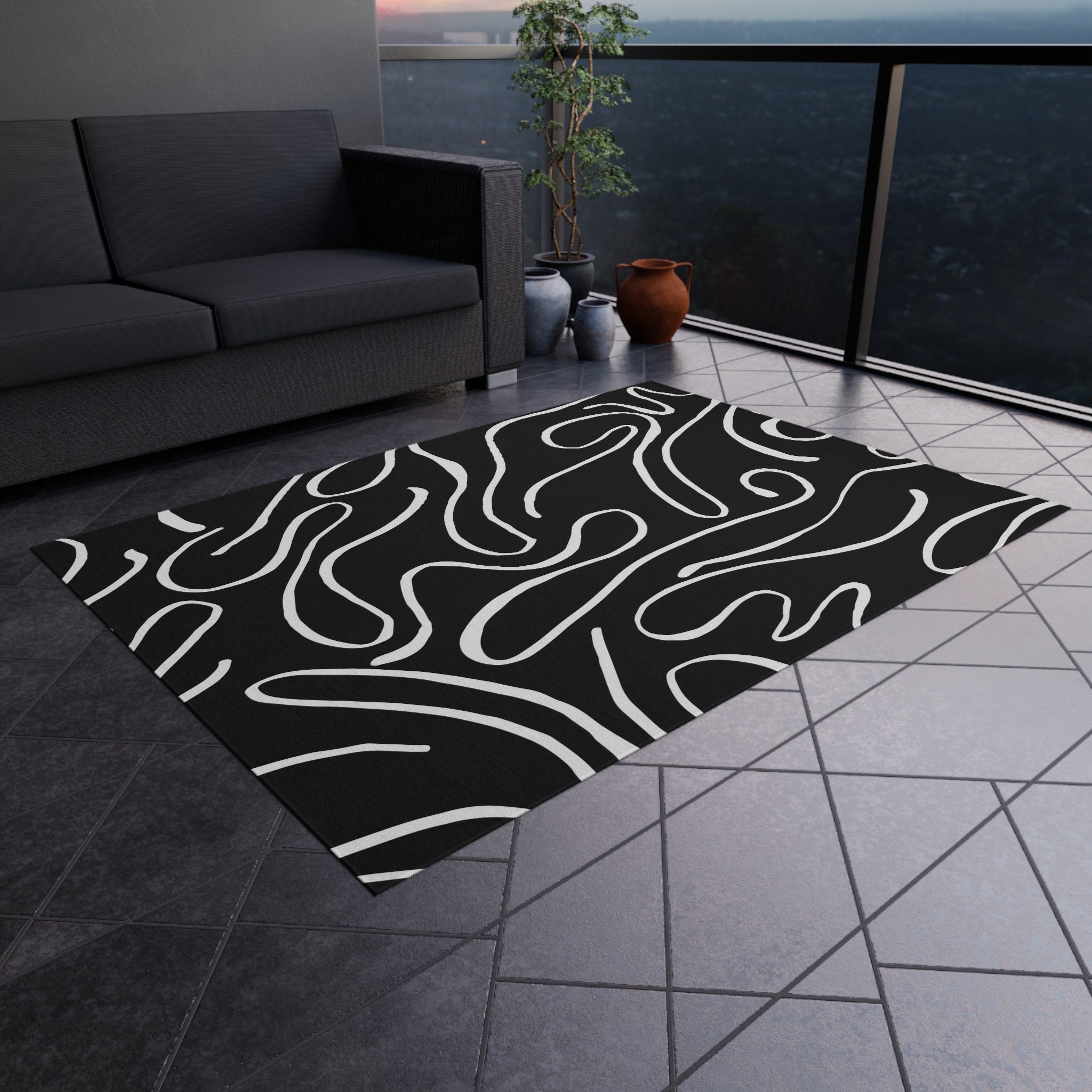 Black Area Rug Black White Outdoor Rug Modern Home Office Etsy