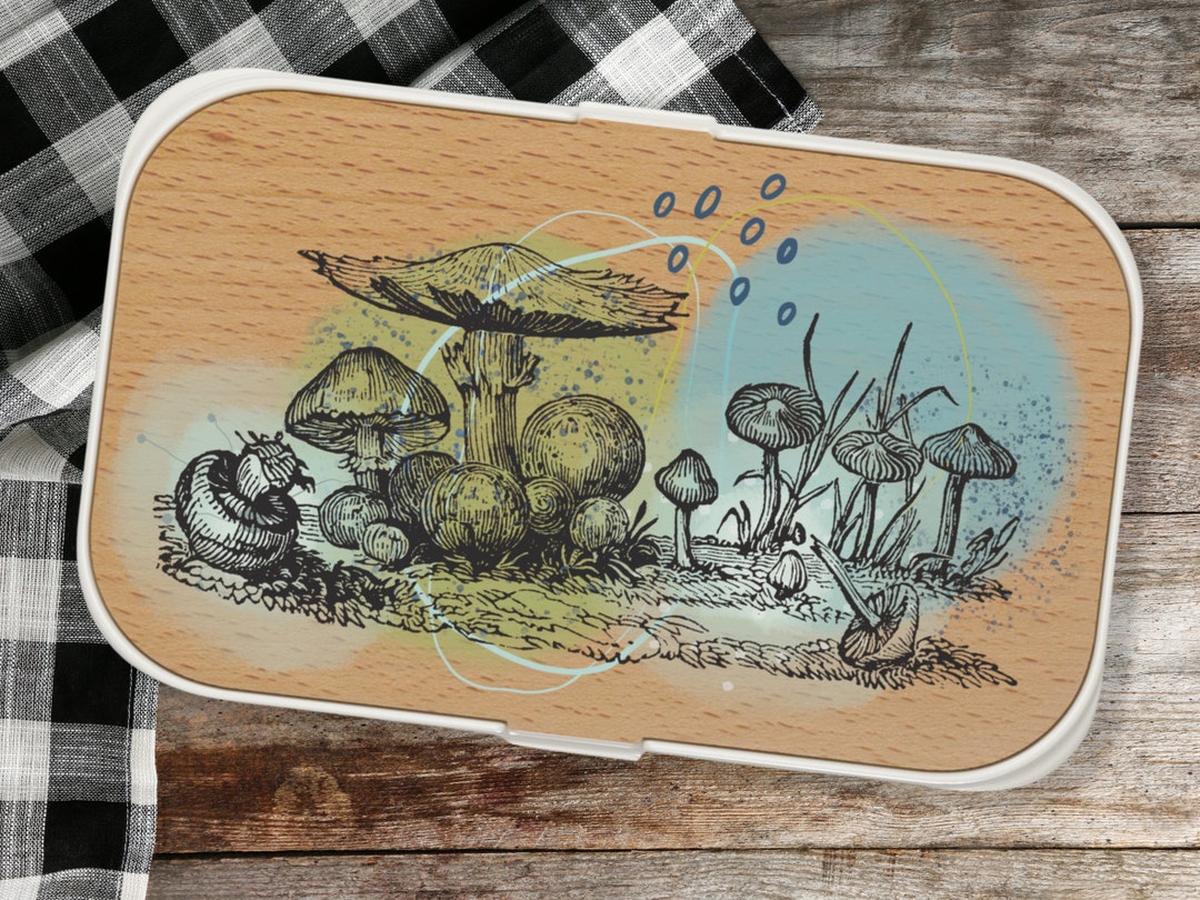 Lunchbox Aesthetic Pastel Colors, Cotage Core Mushrooms and Rain Print