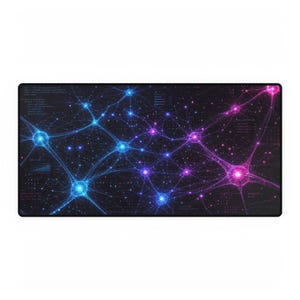 May include: A rectangular desk mat featuring a dark background with a vibrant digital network pattern. The design displays interconnected nodes in shades of bright blue on the left and glowing magenta on the right, overlaid with faint data charts.