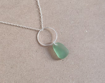 Sea Glass and Sterling Silver Circle Drop necklace - Sea Glass necklace - Gifts for Her - Everyday necklace - Turquoise sea glass