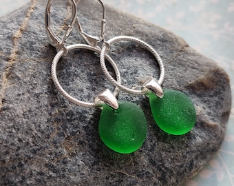 Sea glass earrings - Green sea glass - Dangling earrings - Silver hoop earrings - Genuine sea glass - real sea glass