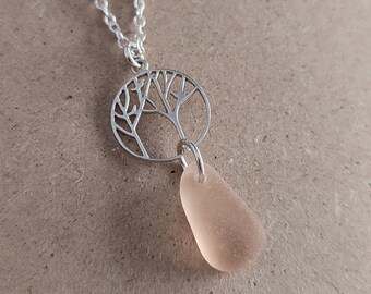 Pink sea glass - sea glass pendant - sea glass necklace - silver bird - forest necklace - genuine  sea glass - real sea glass - ooak pendant