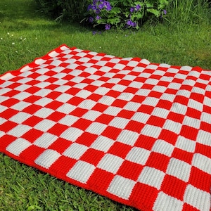 Könnte beinhalten: Eine rot-weiß karierte Picknickdecke liegt auf einer grünen Wiese. Die Decke besteht aus einem gewebten Material und weist ein auffälliges, sich wiederholendes Muster aus roten und weißen Quadraten auf. Ideal für den Außenbereich.