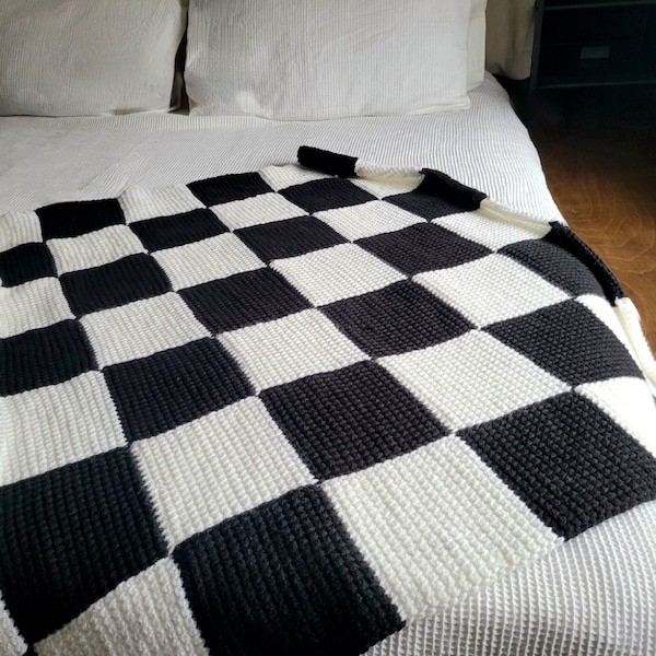 Classic check crochet blanket pattern - Tunisian crochet checkerboard blanket downloadable pdf pattern