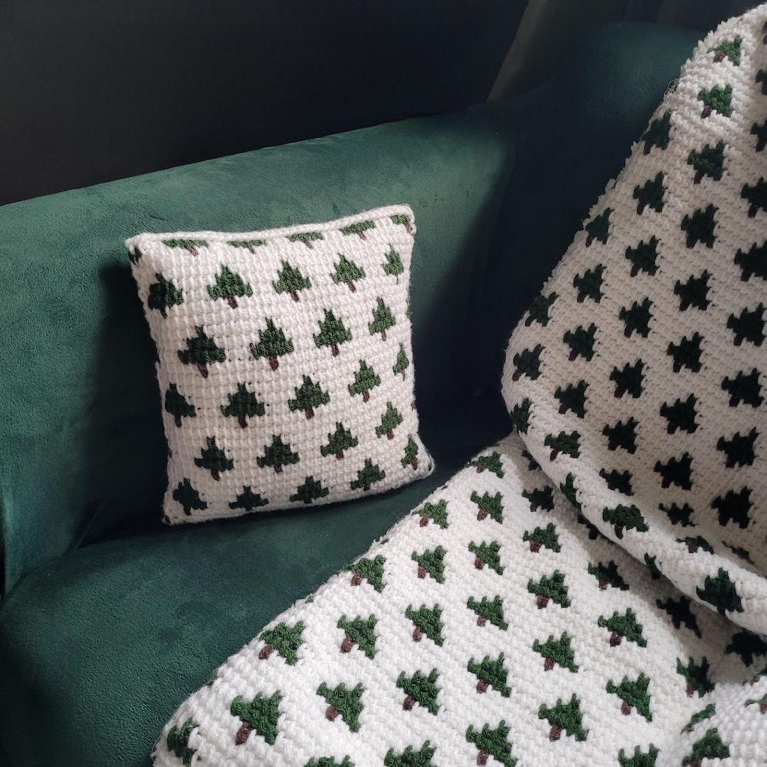 Repeating Fir Trees Matching Blanket and Pillow Crochet Pattern Multi