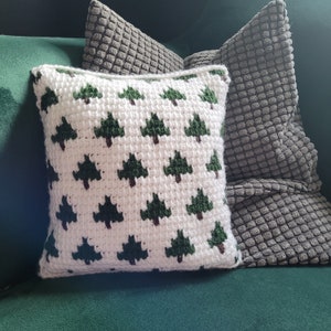 Repeating fir trees / botanical crochet throw pillow downloadable Tunisian crochet PDF Pattern