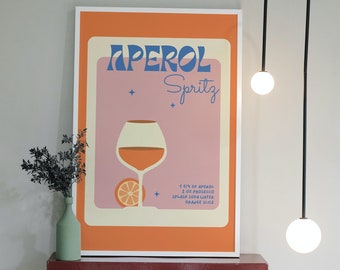 May include: A framed poster with an orange and pink background featuring a glass of Aperol Spritz with the text "Aperol Spritz" and the ingredients: "1 1/2 oz Aperol, 2 oz Prosecco, Splash Soda Water, Orange Slice".