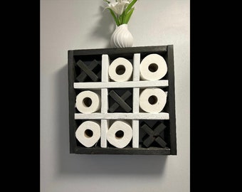 Rustic Noughts & Crosses Toilet Roll Holder/Storage made from reclaimed pallet wood.