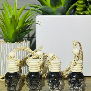 Peut inclure: Quatre flacons en verre en forme de crâne noir avec des bouchons en bois et des cordons dorés qui pendent. Les flacons sont remplis d'un liquide sombre et sont disposés en rangée sur une surface en bois.