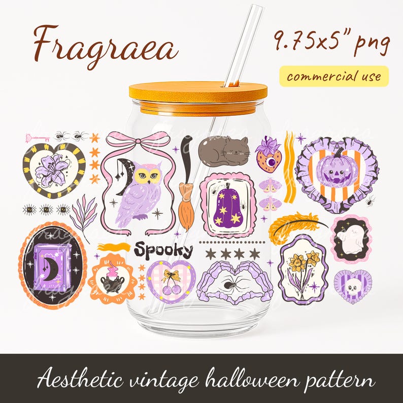 May include: A glass tumbler with an orange lid and straw, adorned with vintage Halloween-themed illustrations. The design includes an owl, a cat, a pumpkin, and the word "Spooky". The text "Fragrea" and "Aesthetic vintage halloween pattern" are also visible.