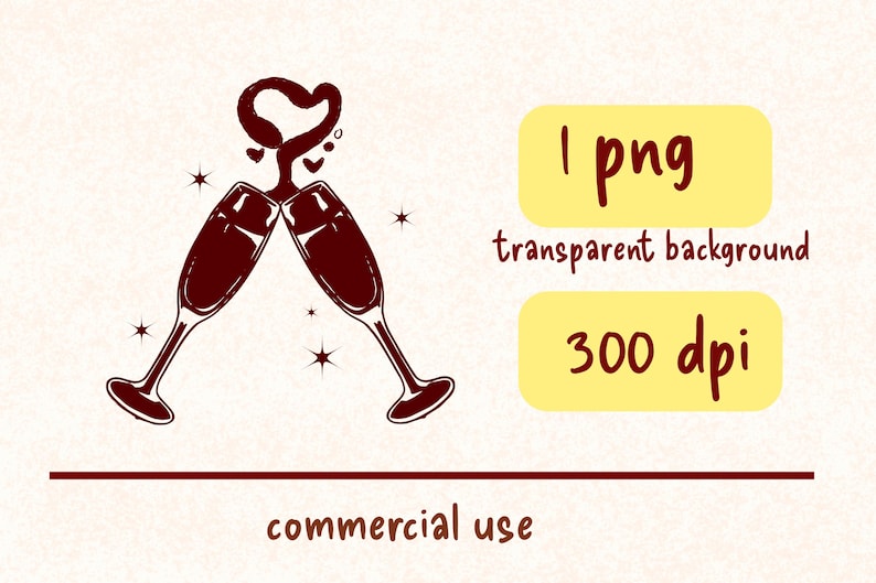 May include: A burgundy-colored illustration of two champagne flutes clinking, with a heart-shaped design above. The image includes text that reads "1 png transparent background 300 dpi commercial use."