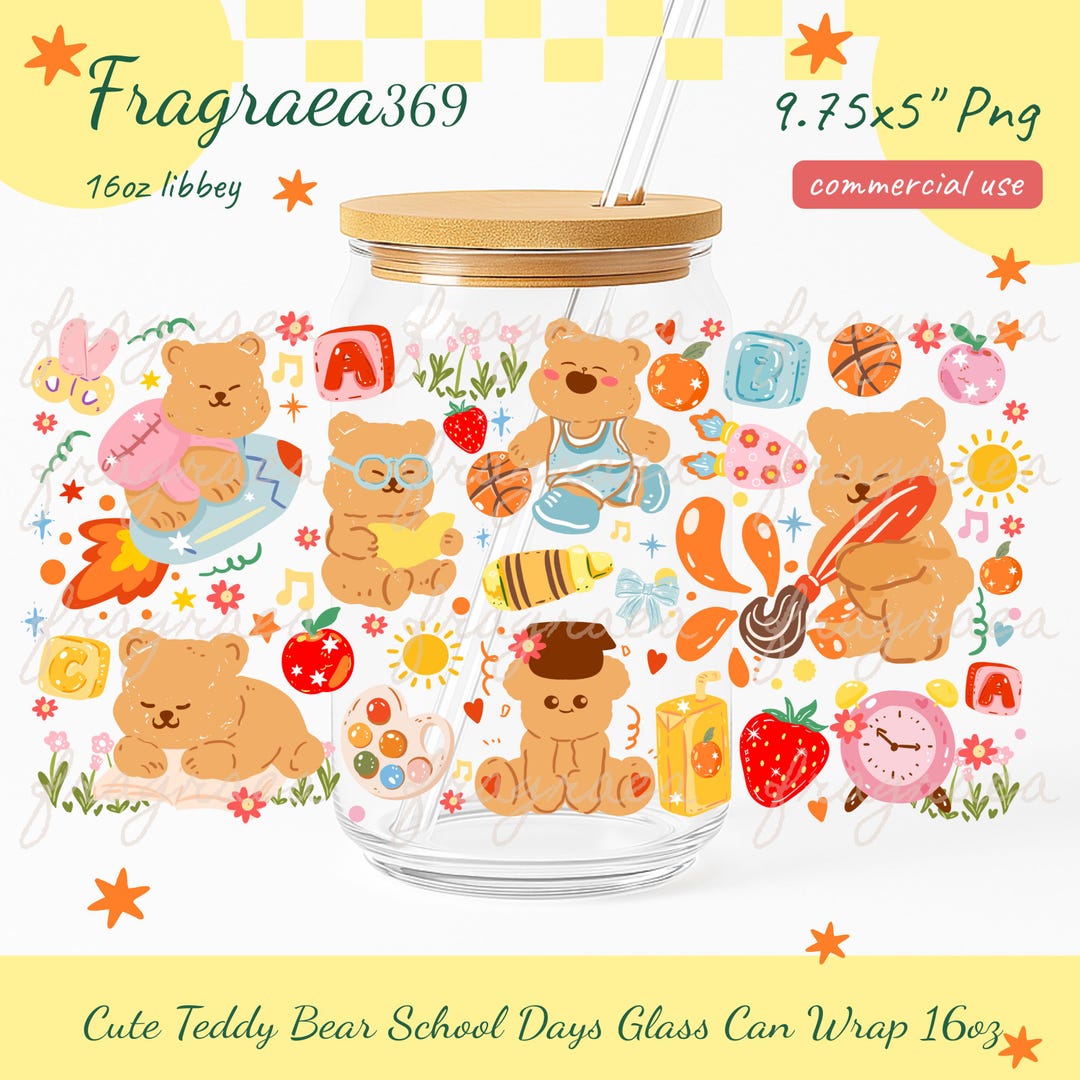 Back to School Glass Can Wrap ,teddy Bear Cup Wrap PNG (digital File ...