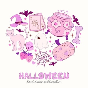 May include: A heart-shaped illustration with Halloween-themed elements in shades of pink and purple. Includes a witch's hat, playing cards, a cauldron, bats, a cat, a ghost, a tombstone, strawberries, a spiderweb, a bone, and a pumpkin. Text at the bottom reads "HALLOWEEN hand draw sublimation."
