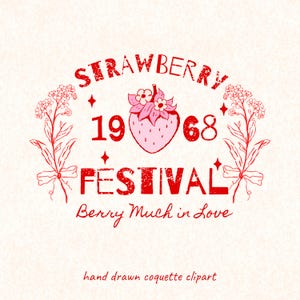 レトロなイチゴの SVG 昇華、イチゴ フェスティバル 1968 コケット クリップアート、ビンテージ イチゴ png、ピンクのクリップアート、リボン付きイチゴ シャツ