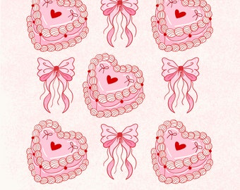 Coquette Heart Cake Clipart: Pink Bow PNG, SVG (Digital Download)
