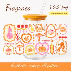 May include: A glass jar with a wooden lid and a clear straw, surrounded by autumn-themed illustrations. The illustrations include pumpkins, mushrooms, and a squirrel. The text "Fragrea" and "Aesthetic vintage all pattern" are visible.