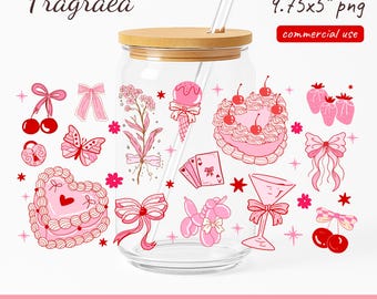 Coquette Pink Cherry Bow Glass Can Wrap: UV DTF PNG (Digital Download