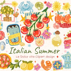Dolce Vita Italian Summer Clipart Bundle, Amalfi Coast PNG, Mediterranean Aesthetic, Vintage Coastal Italy, Citrus Fruit Digital Download