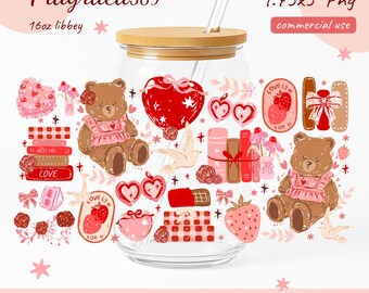 Bookish Valentine Glass Can Wrap, Coquette Cup Design (PNG)