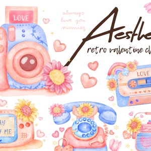 Clipart de acuarela de San Valentín retro PNG, Día de San Valentín PNG, Amor vintage PNG, acuarela de amor para taza, vaso, impresión, camiseta, tarjeta, etc.