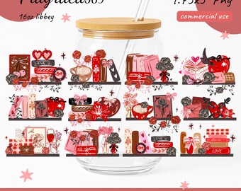 Valentines Bookshelf Cup wrap, Bookish valentine glass can wrap,Dark romance, dark academia, Coquette libbey 16oz wrap png, black rose png