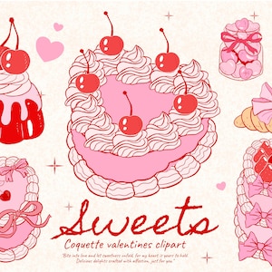 コケット クリップアート、ビンテージ ケーキ png、リボン付きピンク チェリー クリップアート、ケーキ png、リボン svg、ハート ケーキ PNG ダウンロード、レトロ アウトライン昇華 png