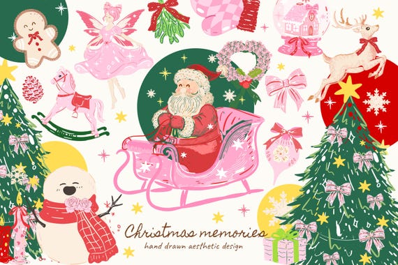 Pink Christmas PNG, Cute Christmas Clipart, Mrs Santa Claus, Santa, Reindeer,Coquette Bow PNG, Coquette Pink Bow Png,aesthetic Christmas png