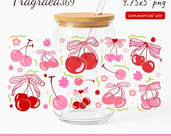 Coquette Cherry Bow Glass Can Wrap, Pink Girly Design (PNG)