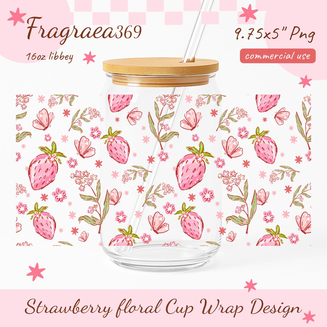 Strawberry Floral Glass Can Wrap PNG: Coquette Boho Libbey 16oz ...